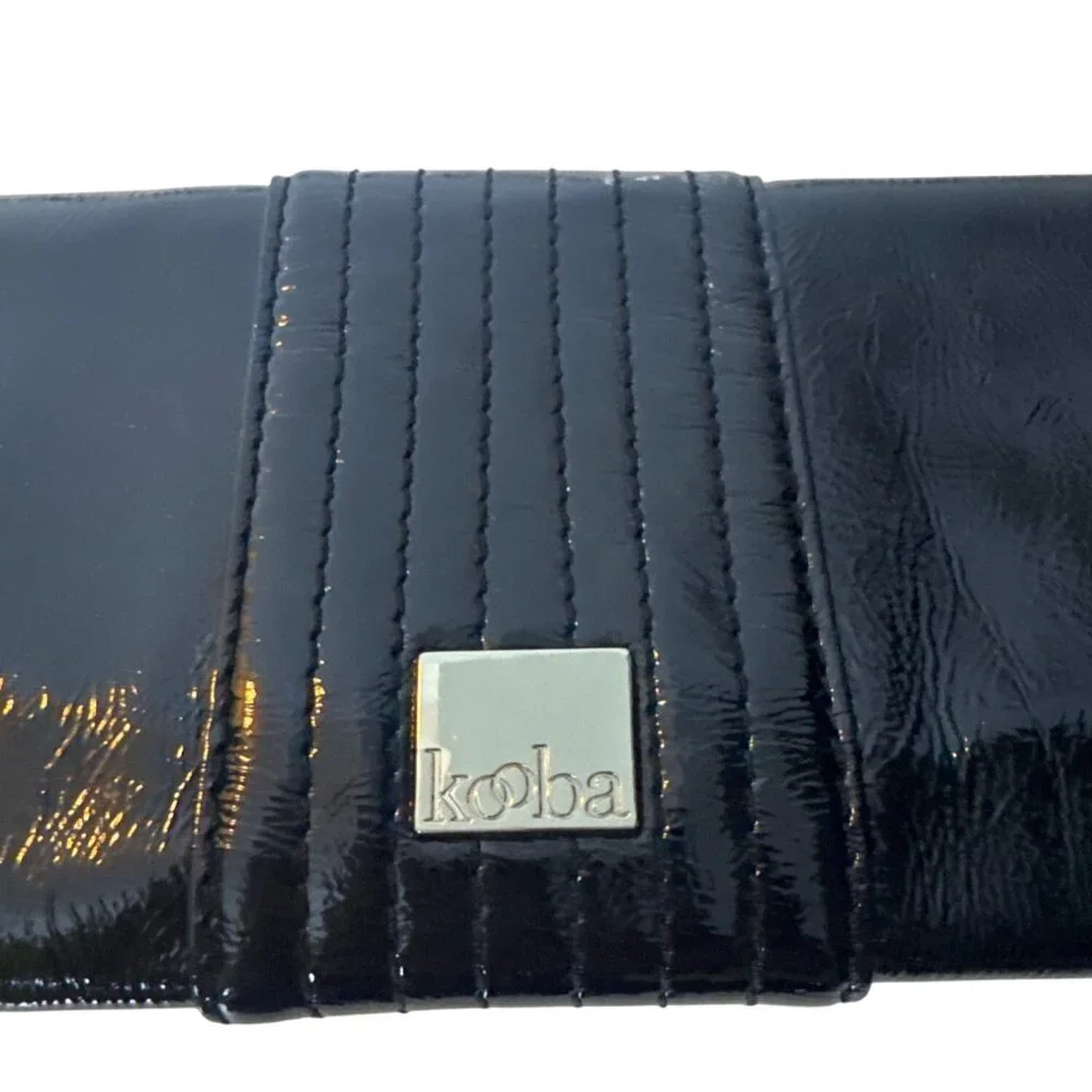 Kooba Black Patent Leather Chain Strap Clutch Purse With Quilted Detail & Metal